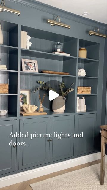 Stephanie Larbey on Instagram: "DIY built ins ✨

Will did the best job repurposing some Facebook marketplace shelves into this bookcase. I’m forever faffing with the accessories! 

#diyhomedecor #diybookshelf #diybuiltins #builtinshelves #diyshelves #diyinteriordesign #officedesign #interiorstyling" Built In Shelves Makeover, Bookcase Color Ideas, Custom Bookshelves Built Ins, Bookshelf Diy Makeover, Repurpose Bookshelf Ideas, Blue Built Ins, Playroom Built Ins, Diy Built In Bookcase, Shelf Makeover