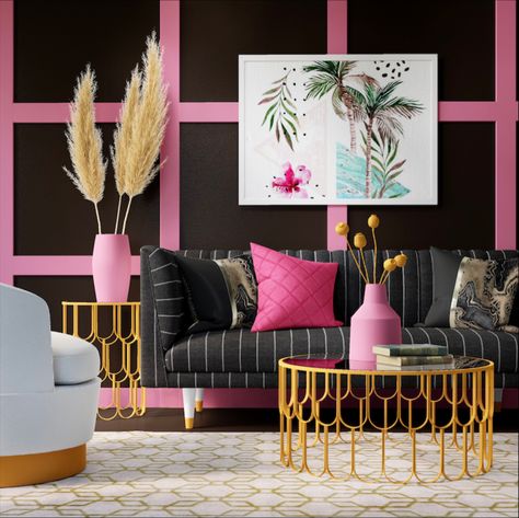 Pink And Black Boutique Decor, Pink Black And Gold Salon Ideas, Pink And Gold Spa Room, Black Gold Pink Living Room, Pink Black And Gold Office Decor, Pink And Gold Salon Ideas, Black Pink And Gold Living Room, Pink Black Decor, Pink Black Gold Bedroom