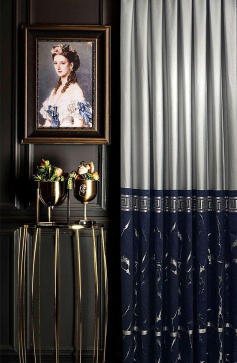 Bedroom Inspirations Cozy, Royal Bedroom Design, Patterned Curtains, Navy Blue Curtains, Royal Bedroom, Deco Marine, Luxury Curtains, Quality Curtains, Blue Curtains