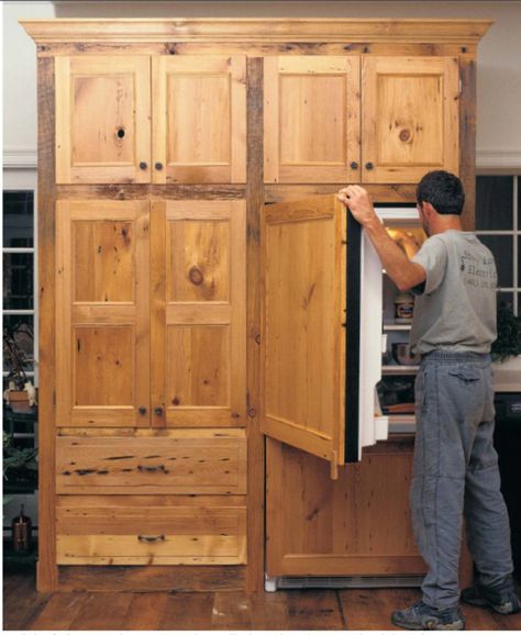 Faux Fridge Front - Fine Homebuilding Barn Door Fridge, Built In Refrigerator Cabinet, Carpentry Ideas, Cabinet Refrigerator, Old World Kitchens, Cabinet Door Style, Fine Homebuilding, Refrigerator Cabinet, Custom Range Hood