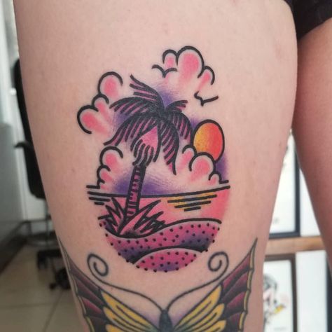 By @ozzyink | Instagram Ozzy Tattoo, Rare Tattoos, Purple Tattoos, Purple Beach, Traditional Tattoo Sleeve, Summer Tattoo, Kawaii Tattoo, Beach Tattoo, Traditional Tattoo Flash