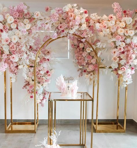 Elegant Tea Time | Event Hire on Instagram: “Soft pinks and creams for Georgette’s christening cake display backdrop @emilymaamari 💗 Props and silk florals by @elegant_tea_time…” Styling Quotes, Display Backdrop, Backdrop Floral, Arrangement Flower, Floral Styling, Flower Walls, Stage Decor, Silk Florals, Wedding Event Design