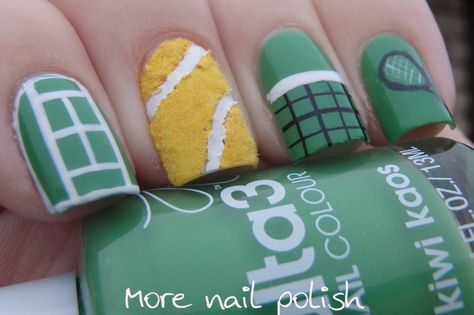 Tennis Nails Designs, Tennis Nails, Tennis Things, Flocking Powder, Sports Nails, Tennis Birthday, Nick Kyrgios, Crazy Nail Art, Snowflake Nail Art