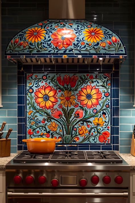 Stunning Backsplash Ideas for Your Kitchen Mexico Tile Kitchen, Mexican Style Backsplash, Colorful Tile Kitchen Backsplash, Kitchen Murals Backsplash, Unique Kitchen Design Ideas, Fun Backsplash Ideas, Modern Mexican Kitchen Design, Mexican Ceramic Tiles, Hacienda Style Kitchen Mexico