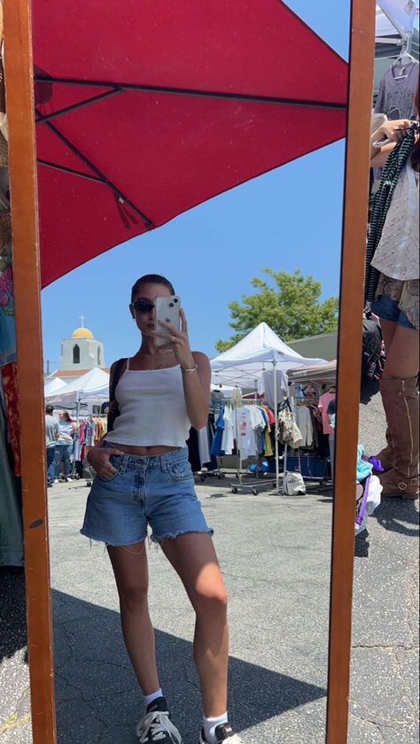 Jean Shorts, Levis, Summer Outfit, That Girl, Clean Girl, Trendy, Aesthetic, Mirror Pic, Thrifting, LA, Flea Market, Silver Lake Flea, Tank Top, White Tank Top, Sunnies, Round Sunnies, Slicked Back Hair, Instagram Aesthetic, Aesthetic, Summer Vibes, Summer Outfit Inspo, Vintage Denim Shorts Tank Top Outfit, Levis Jean Shorts Outfits, Summer Flea Market Outfit, Jean Short Aesthetic, Levi’s Jeans Shorts Outfit, Stemme Summer Outfits, Baggy Shorts Summer Outfit, Jeans And White Tank Top Outfit, Long Jean Shorts Outfit Aesthetic