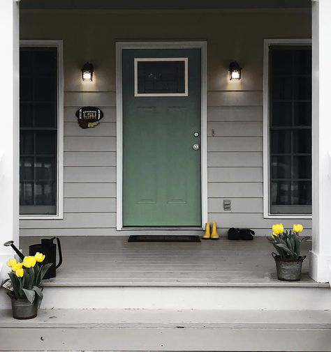 Green Gray Houses, House Doors Colors, Dark Grey Houses, Green Front Door, Green Siding, Rustic Cottage Style, Exterior Door Colors, Beyond Paint, Green Front Doors