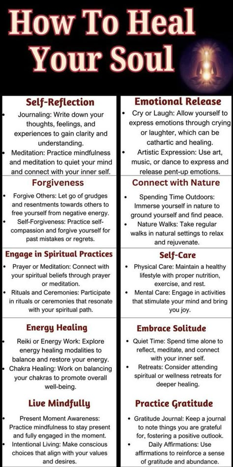 "Heal your soul with these transformative practices! 🌿✨ Discover self-reflection, emotional release, forgiveness, and more to nurture your inner being and find peace. Embrace your journey to a more fulfilled and balanced life. 💖 #SoulHealing #InnerPeace #SpiritualGrowth" Heal Your Soul, Emotional Release, Inner Being, Spiritual Awakening Signs, Healing Spirituality, Energy Healing Spirituality, Soul Healing, Balanced Life, Healing Meditation