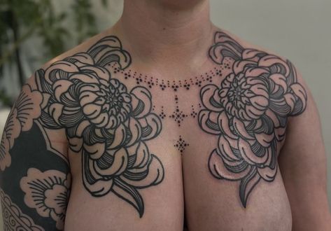 Ornamental Chest Tattoo, Ornamental Tattoos, Front Shoulder Tattoos, Chrysanthemum Tattoo, Fresh Tattoo, Shoulder Tattoos, Make Tattoo, Line Work Tattoo, Dot Work Tattoo