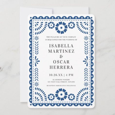 Blue Papel Picado Inspired Wedding Invitation Latinx Wedding, White Papel Picado, Papel Picado Wedding, Mexican Wedding Invitations, Mexican Invitations, Bohemian Chic Weddings, Wedding Invitation Trends, Colorful Wedding Invitations, Mexico Destination Wedding