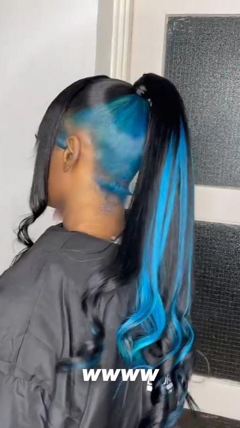 Black And Blue Ponytail, Stunk Strip Hairstyles Blue, Blue And Green Braids For Black Women, Peekaboo Sew In Black Women, Peekaboo Ponytail Weave, Blue Sew In Weave, Blue Peekaboo Hair Black Women, Wig With Skunk Stripe, Peekaboo Ponytail