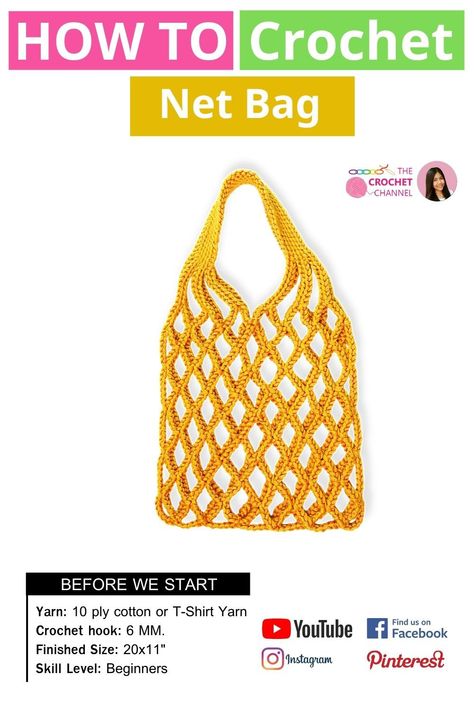 Crochet Net Shirt Pattern, Yarn Bag Tutorial, Net Bag Crochet, Bag Crochet Tutorial, How To Start Crochet, Strawberry Keychain, Crochet Net, Pattern Step By Step, Crochet Tutorial Pattern