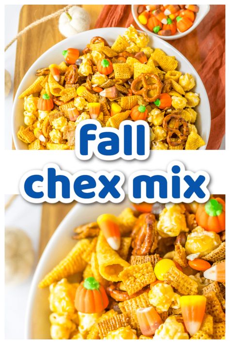 Fall Chex Mix - Life With The Crust Cut Off Fall Chex Mix Recipes, Popcorn Mix Recipes, Bugles Chips, Cabin Meals, Chex Mix Recipes Sweet, Peanut Popcorn, Candy Corn Recipe, Chex Mix Puppy Chow, Popcorn Mix