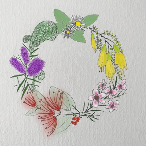 Floral wreath of New Zealand native plants and flowers Nz Native Flowers, Floral Wreath Illustration, Nz Flowers, Floral Wreath Drawing, Plant Sketches, Evans Art, Jacket Embroidery, Wreath Illustration, Flower Illustrations