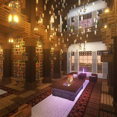 Librarian trading hall with floating candles Minecraft Magical Library, Minecraft Meeting Hall, Floating Enchantment Table Minecraft, Minecraft Bank Interior, Minecraft Chandelier Design Big, Minecraft Plaza Design, Minecraft Diagon Alley, Mc Trading Hall, Minecraft Librarian House Ideas