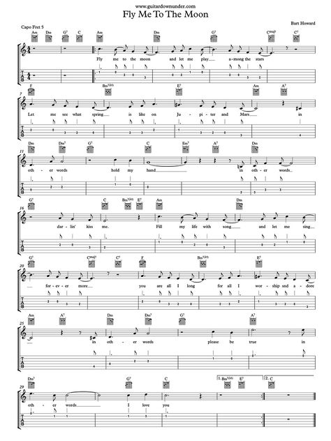 Fly Me To The Moon - Frank Sinatra hit song melody line and guitar chords Fly Me To The Moon Guitar Tab, Rises The Moon Guitar, Easy Guitar Tabs Songs, Ukulele Tabs Songs, Classical Guitar Sheet Music, Guitar Tabs Acoustic, Guitar Tabs And Chords, Piano Songs Sheet Music, Jazz Guitar Lessons