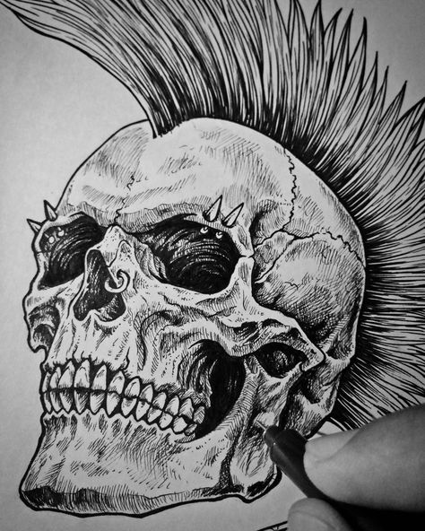 Wip... Commission work for @hysteriainkclothing 💀 #art #artwork #ink #inking #draw #drawing #skull #skulltattoo #punk #punkrock #brand… Punk Skull Drawing, Rock Skull Tattoo, Punk Drawings Sketches, Punk Art Drawings, Cool Skull Drawings, Punk Drawing, Punk Skeleton, Skeleton Artwork, Skull Art Tattoo