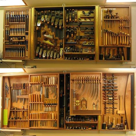 For the complete picture, with both pairs of doors open, here once again is Jim Howell’s tool cabinet... From the story featuring his tool… Motorcycle Garage Workshop, Tool Box Ideas, Woodworking Tool Cabinet, Tool Storage Cabinets, Hand Plane, Woodworking Tools Storage, Antique Woodworking Tools, Essential Woodworking Tools, Woodworking Bench Plans