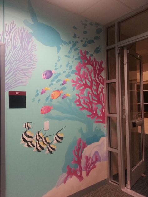 Mural Sea Wall Art, Water Mural Painting, Sea Creature Mural, Ocean Painted Wall, Under Sea Mural, Ocean Wall Paint, Ocean Wall Mural Painting, Ocean Themed Mural, Seashell Mural