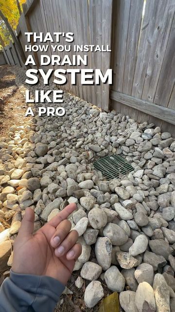 Rock Drainage Landscaping, Gutter Drainage Ideas, Concrete Hardscape, French Drain Diy, Drainage Solutions Landscaping, Yard Drainage System, Rock Drainage, Downspout Drainage, Yard Drain