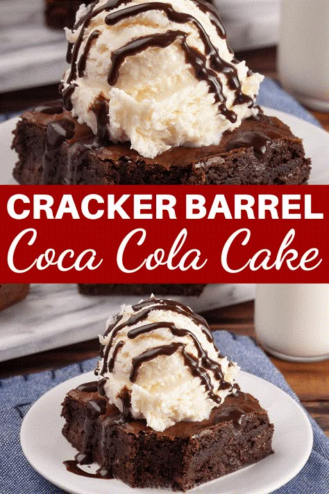 Cracker Barrel Coca Cola Cake (Copycat Recipe). This double chocolate fudge coca-cola cake is rich, creamy and best served with a side of vanilla ice cream. Copycat Recipes Desserts, Chocolate Coca Cola Cake, Cracker Barrel Copycat Recipes, Coke Cake, Cracker Dessert, Cracker Barrel Recipes, Coca Cola Cake, Chandelier Cake, Cola Cake