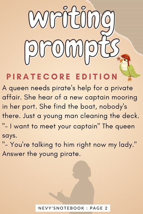 Pirate Writing Prompt, Pirate Writing, Writing Prompts Poetry, Otp Prompts, Writing Scripts, Pirate Books, Writing Prompts Romance, Writing Websites, Writing Inspiration Tips