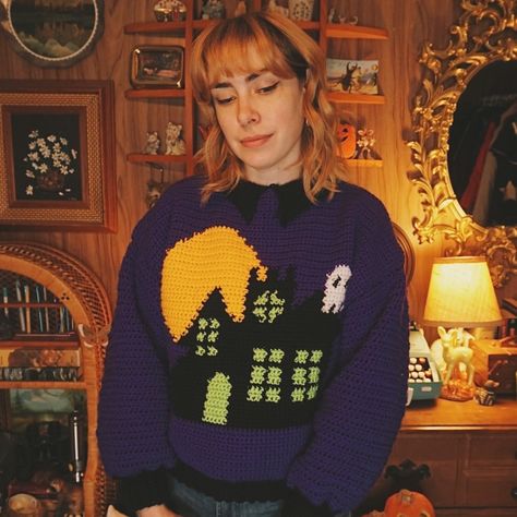 Pattern on my patreon! #crochet #crochetsweater #halloween #hauntedhouse #crochethalloween #crochetproject Halloween Knit Sweater, Crochet Halloween Sweater Pattern, Halloween Crochet Cardigan, Halloween Crochet Sweater, Crochet Haunted House, Crochet Halloween Sweater, Practical Magic Movie, Pool Shoot, Retro Lifestyle