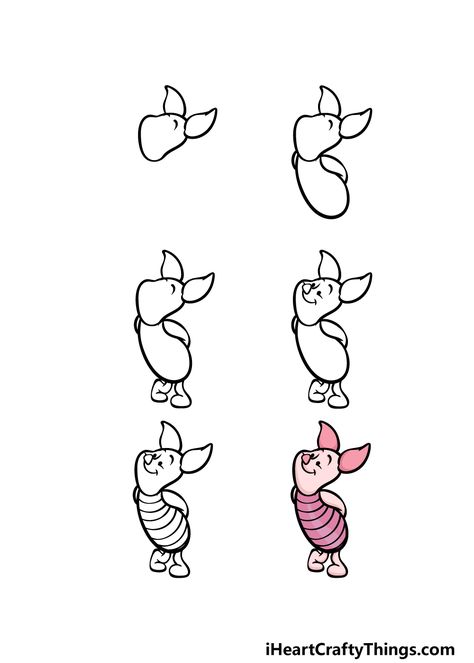 Winnie The Pooh Doodles Easy, Pooh And Piglet Drawing, Piglet Sketch, Piglet Drawing, Winnie The Pooh Drawing, Winnie The Pooh Cartoon, Easy Cartoon Drawings, Easy Doodles, Doo Doo