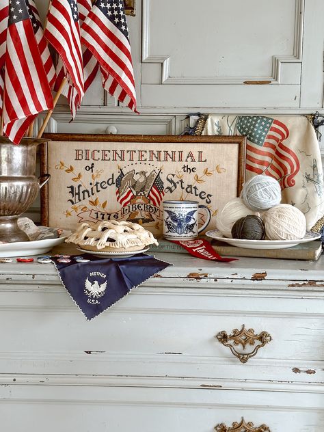 Vintage Patriotic Vignettes, Vintage Patriotic Decor, Patriotic Mantle Decor, Patriotic Decor Ideas, Vintage Americana Decor, July 4th Decor, Americana Home Decor, Mantle Ideas, Americana Home