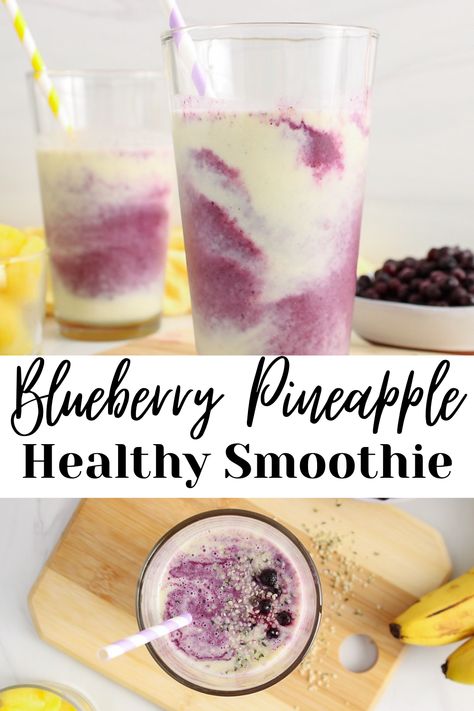 The top picture shows a front view on 2 large glasses containing a galaxy blueberry pineapple smoothie with some fruits in the background. The bottom picture shows a overhead view on a blueberry pineapple smoothie that's topped with hemp seeds and blueberries. Hemp Milk Smoothie, Blueberry Pineapple Smoothie, Hemp Seed Smoothie, Pineapple Protein Smoothie, Non Dairy Smoothie, Dragonfruit Recipes, Green Smoothie Benefits, Plant Based Smoothies, Low Calorie Smoothies