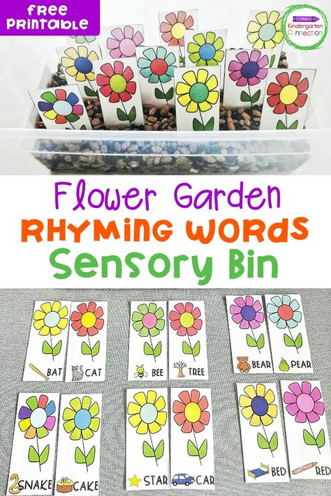 This free Flower Garden Rhyming Words Sensory Bin Activity is perfect for your small groups or literacy centers! This free kindergarten sensory activity is simple and will add some flower fun to your literacy lessons! Small Group Activities Preschool, Flower Rhymes, Kindergarten Sensory, Rhyming Preschool, Literacy Activities Kindergarten, Preschool Garden, Spring Kindergarten, Circle Time Activities, Literacy Centers Kindergarten