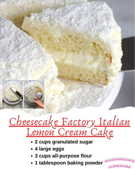 Italian Lemon Cream Cake, Lemon Creme Cake, Berry Cheesecake Recipes, Lemon Cream Cake, Recipe Cheesecake, Lemon Cake Recipe, Lemon Dessert Recipes, Doughnut Cake, Cake Factory