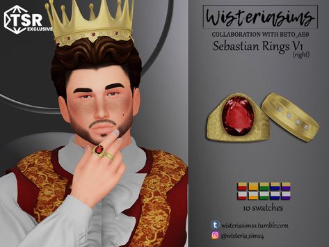 The Sims Resource - Sebastian Rings V1 (right) Sims 4 Men Clothing, Sims Medieval, Male Crown, Sims 4 Tsr, Royal Core, Rose Choker, King Outfit, Sims 4 Characters, Crown Hat