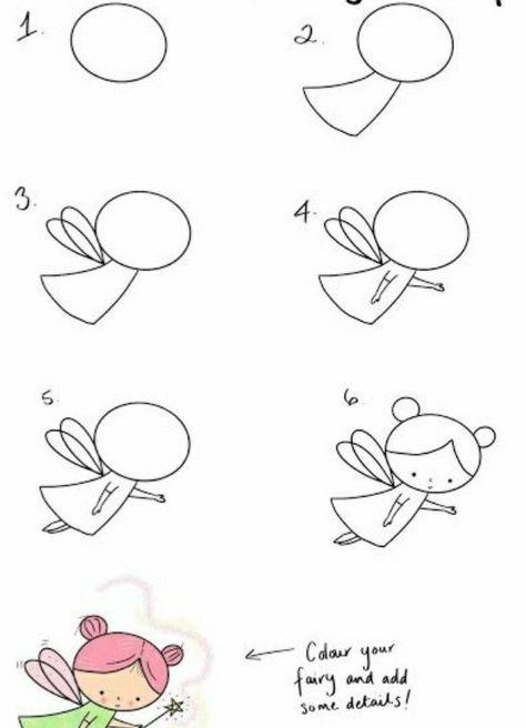 Easy Doodle Art Design, Easy Fairy Drawing, Trin For Trin Tegning, Drawing Lessons For Kids, Fairy Drawings, Draw Easy, Easy Drawing Tutorial, Desain Lanskap