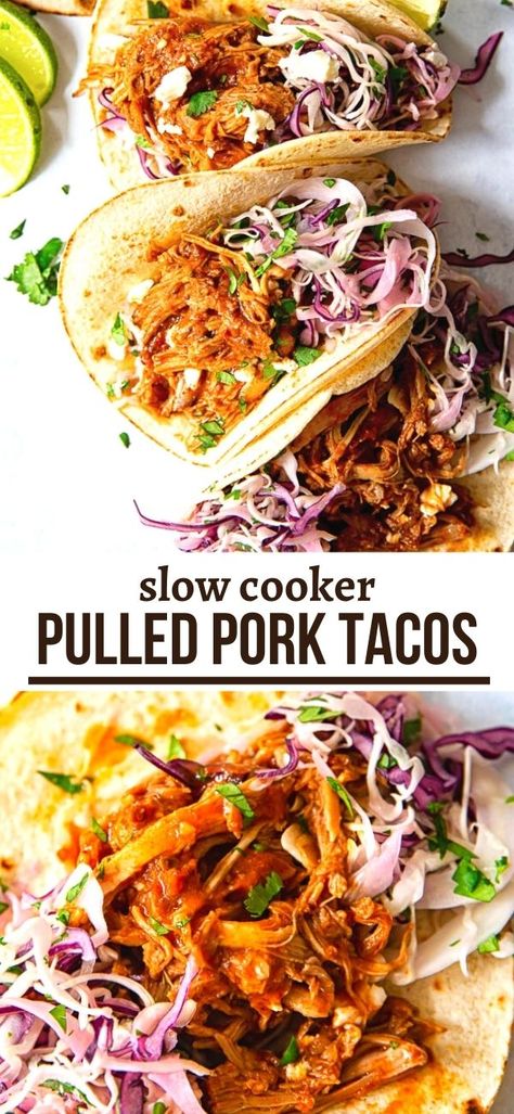 These tacos are filled with mouthwatering slow cooker pulled pork and creamy cilantro lime slaw. Easy, effortless and delicious! Pulled Pork Tacos Crock Pot Recipes, Pulled Pork Tacos With Slaw, Pulled Pork For Tacos, Crock Pot Pulled Pork Tacos, Slaw For Pulled Pork, Pork Slow Cooker Recipes, Slow Cooker Pulled Pork Tacos, Pulled Pork Crock, Pulled Pork Tacos Recipe