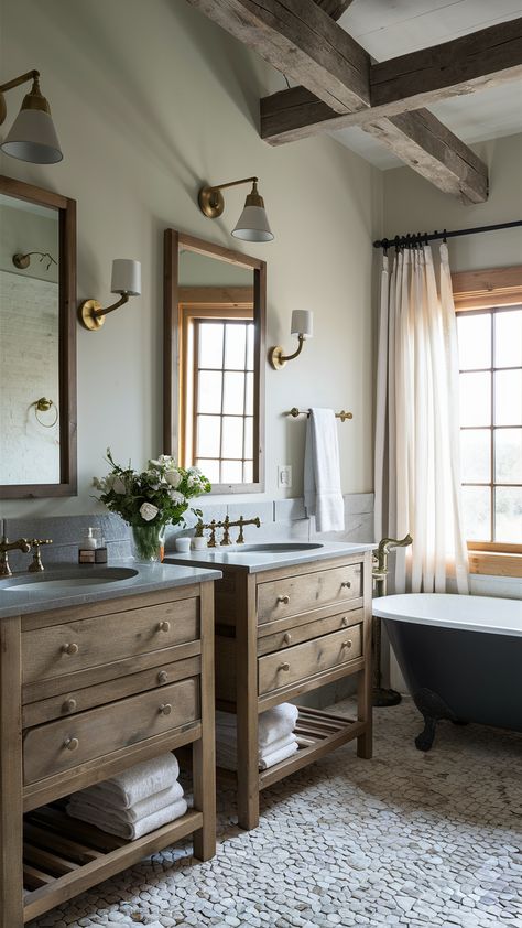 Top 20 Bathroom Remodel Ideas 2025 - Small, Budget-Friendly Designs with Tub & Modern Touches Modern Spanish Style Bathroom Ideas, Rustic Bathroom Designs Farmhouse Style, Tiny Guest Bathroom, Modern Spanish Style Bathroom, Craftsman Bathroom Ideas, Rustic Chic Bathrooms, Modern Cottage Bathroom, Monochromatic Bathroom, Modern Spanish Style