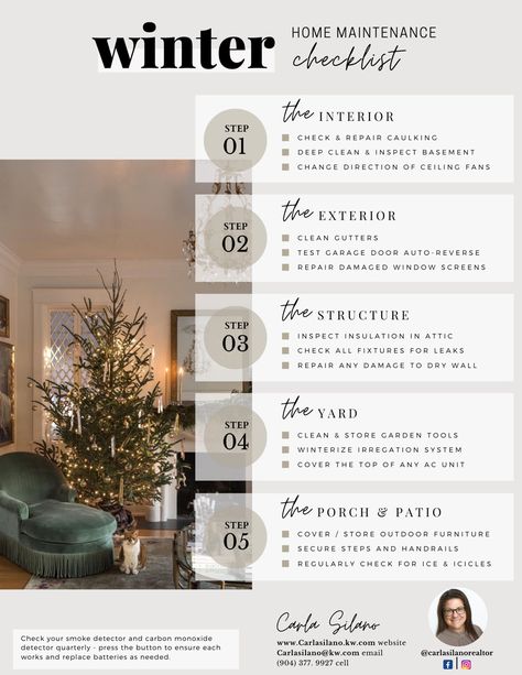 Winter home maintenance checklist. Includes the interior, exterior, yard work, the structure and patio  porch. January Real Estate Marketing Ideas, January Realtor Posts, Realtor Graphics, Realtor New Year New Home Marketing, Winter Real Estate Marketing, Real Estate Marketing Ideas Social Media, Winter Real Estate Posts, December Real Estate Social Media Posts, Winter Maintenance Checklist