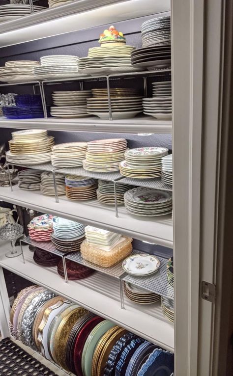 Dinnerware Storage Ideas, Plate Organization, Dish Closet, China Pantry, Party Closet, Party Supply Organization, Dish Pantry, Closet Design Plans, Dish Room