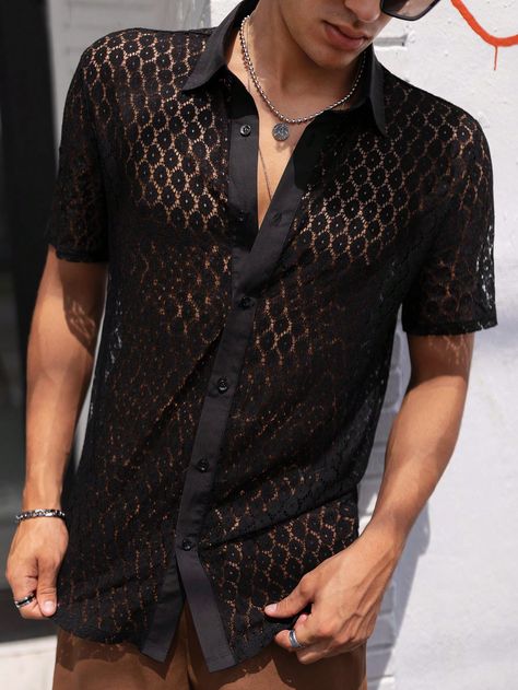 Black Party Collar Short Sleeve Lace Plain Shirt Embellished Non-Stretch  Men Clothing Mens Low Cut Shirt, Lace Shirt Outfit, Lace Button Up Shirt, Black Mesh Shirt, Crochet Lace Shirt, Low Cut Shirt, Black Lace Shirt, Mens Fasion, Lycra Men