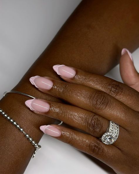 Baby pink on baby pink Pink French Tip Nails Almond Long, Baby Pink French Tip Nails Almond, Almond Nails Pink Design, Baby Pink Almond Nails, Classy Pink Nails, Shower Nails, Almond Nails Pink, Baby Shower Nails, Hoco 2024