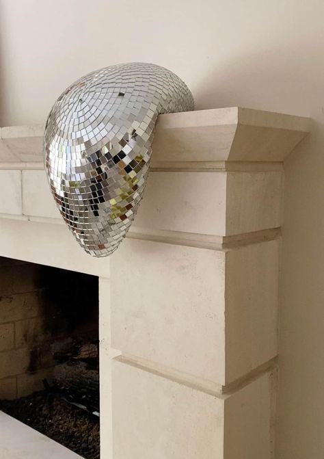 Kelly Wearstler Disco Ball, Diy Melted Disco Ball, Diy Melting Disco Ball, Disco Ball Nursery, Disco Ball Display, Disco Ball Sculpture, Disco Ball Fireplace, Disco Themed Bedroom, Disco Chair