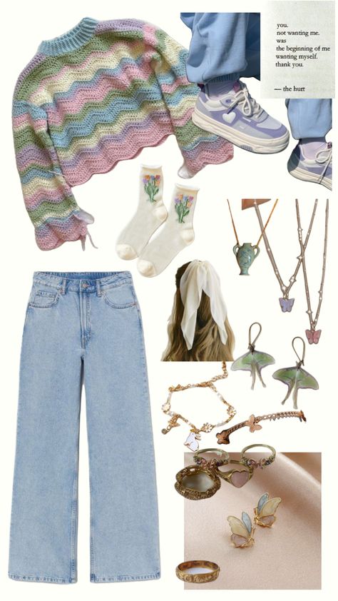 Cold spring outfit inspo #pastel #ootd #outfitinspo Pastel Cottage Core Outfits, Artsy Colorful Outfits, Pastel Indie Outfits, Modest Pastel Outfits, Pastel Boho Outfit, Cold Spring Outfits 2024, Pretty Outfits Spring, Colorful Clothing Aesthetic, Casual Cold Spring Outfit