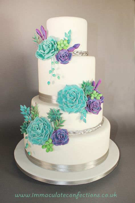 Purple And Teal Wedding Cake, Purple And Teal Cake, Teal Wedding Cakes, Vw Cake, Purple And Teal Wedding, Purple Teal Wedding, Fuzzy Worms, Cutest Cupcakes, Pink Rose Wedding Cake