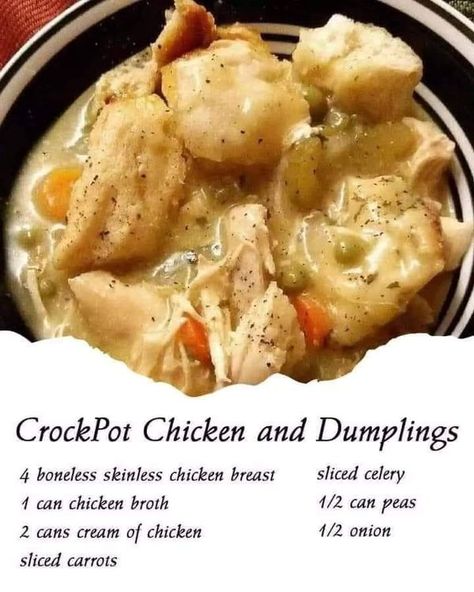 Bobby Flay | Crockpot Chicken and Dumpling soup | Facebook Dumplings Crockpot, Recipes Dumplings, Can Chicken Broth, Chicken And Dumpling Soup, Dumplings Chicken, Mini Crockpot Recipes, Creamy Chicken And Dumplings, Recipes Crockpot Chicken, Quick Soup Recipes