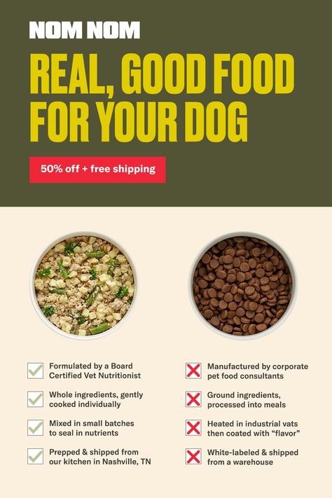 Nom Nom fresh dog food is made in our own kitchens in the U.S. Our dog food recipes are formulated by a vet nutritionist with real, whole ingredients that provide essential vitamins and nutrients to promote: - Stronger immunity - Better digestion - Silkier fur - Increased energy - Smaller stools Get 50% off + FREE shipping on your first box of Nom Nom and see what makes fresh dog food such an invaluable addition to your dog's diet. Good Food For Dogs, Fresh Dog Food, Pets Stuff, Food For Dogs, Dog Remedies, Healthy Dog Treats Homemade, Better Digestion, Pet Doors, Dog Nutrition