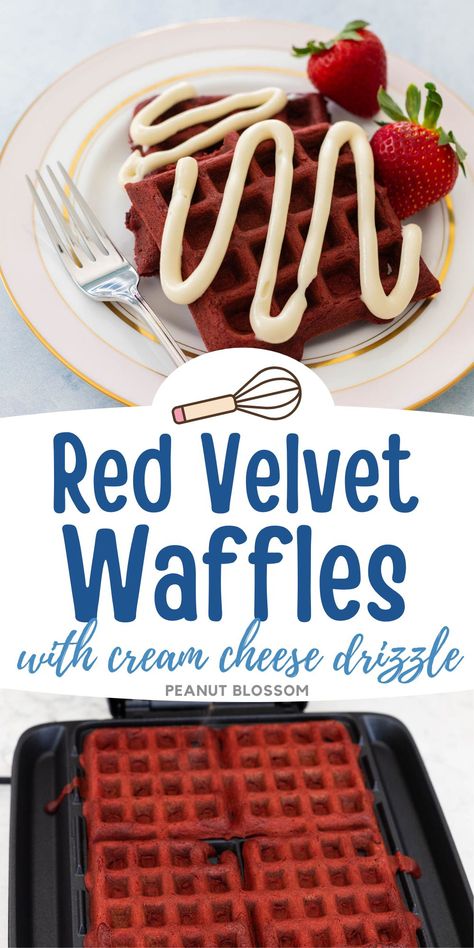 Make these sweet red velvet waffles as a special breakfast for the family. You can freeze them in advance and reheat them in the toaster or oven. Drizzle on that sweet cream cheese icing and serve with fresh red strawberries. Red Velvet Waffles Recipe, Waffles With Cream Cheese, Family Fun Dinner, Cream Cheese Drizzle, Red Velvet Waffles, Easy Red Velvet, Peanut Gallery, Special Breakfast, Photography Examples