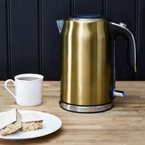 Dunelm Gold Effect 1.7L Tall Jug Kettle Gold Kettle, Electric Stove Top, Lodge Kitchen, Matt Kitchen, Travel Kettle, Flat Decor, Gold Effect, Kitchen Colour Schemes, Cord Storage