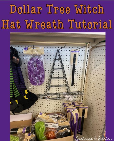 Witch Hat Wreath Tutorial, Dollar Tree Witch Hat Wreath, Witch Hat Door Wreath, Dollar Tree Witch Hat, Halloween Witch Hat Wreath, Witch Hat Wreath, Dollar Tree Frames, Diy Fall Crafts, Halloween Witch Wreath