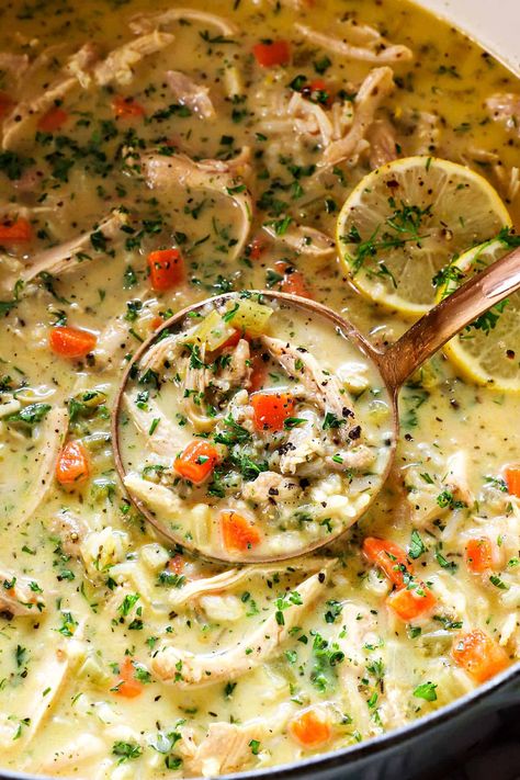 Lemon Chicken Stew, Greek Chicken Soup Recipes, Chicken Lemon Rice Greek Soup, Greek Style Lemon Chicken Soup, Avgolemono Soup Crockpot, Greek Soup Recipes Lemon Chicken, Avegolomo Soup, Soup With Arugula, Lemon Tuscan Artichoke Soup