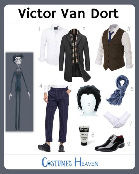 Corpse Bride Cosplay Victor, Halloween Corpse Bride Costume, Victor Halloween Costume, Victor Van Dort Costume, Victor Corpse Bride Cosplay, Victor Van Dort Cosplay, Victor Corpse Bride Makeup, Corpse Bride And Victor Costume, Victor Corpse Bride Costume