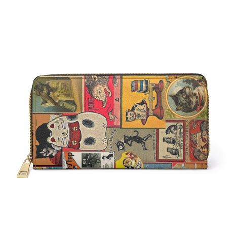 "Brighten up your wardrobe with this colorful selection of krazy kitties. Digitally created from antique matchbox covers and vintage wallpaper, this striking pattern is as unique as it is amusing! For carrying around all your credit cards, cash, and driver's licenses look no further than this cat wallet. Made with cruelty-free faux leather, this wallet comes packed with utility and style. Material: Cruelty-free faux leather\\n.: Durable high-quality nylon zip and alloy hardware\\n.: Gold color t Unique Wallets For Women, Cute Wallet Aesthetic, Aesthetic Wallet, Wallet Aesthetic, Matchbox Covers, Cat Wallet, Cash Wallet, Inside My Bag, Vintage Wallet